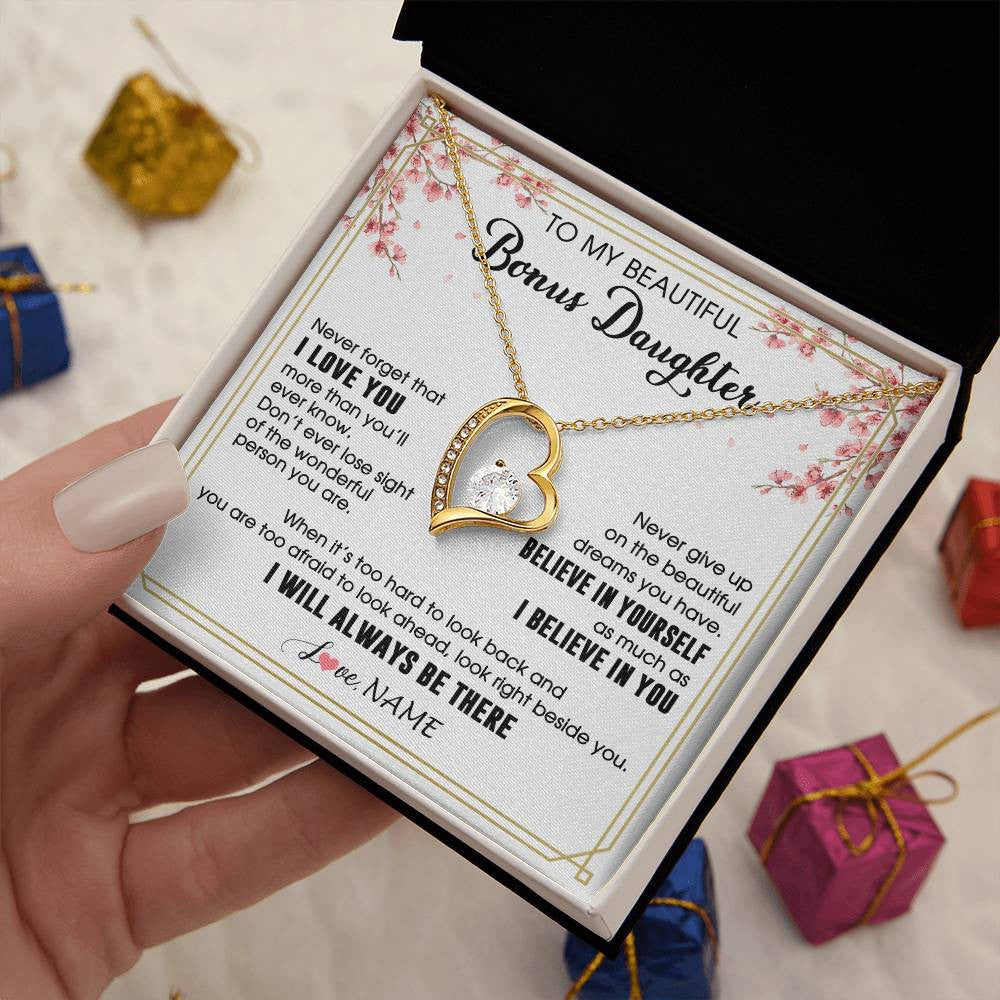 Forever Love Necklace 18K Yellow Gold Finish | 2 | Personalized To My Beautiful Bonus Daughter Necklace From Stepmom Dad I Love You Believe In You Birthday Gifts Christmas Customized Gift Box Message Card | siriusteestore