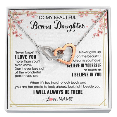 Interlocking Hearts Necklace Stainless Steel & Rose Gold Finish | 1 | Personalized To My Beautiful Bonus Daughter Necklace From Stepmom Dad I Love You Believe In You Birthday Gifts Christmas Customized Gift Box Message Card | siriusteestore