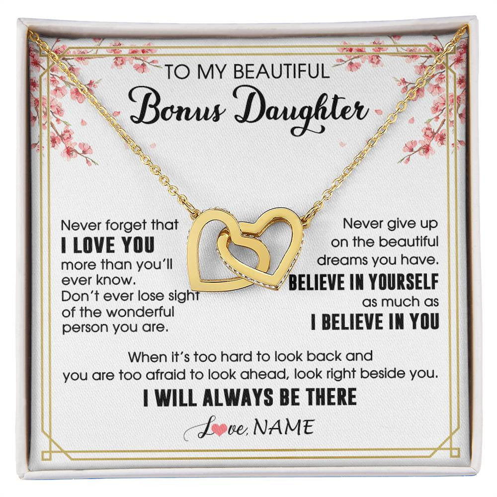Interlocking Hearts Necklace 18K Yellow Gold Finish | 1 | Personalized To My Beautiful Bonus Daughter Necklace From Stepmom Dad I Love You Believe In You Birthday Gifts Christmas Customized Gift Box Message Card | siriusteestore
