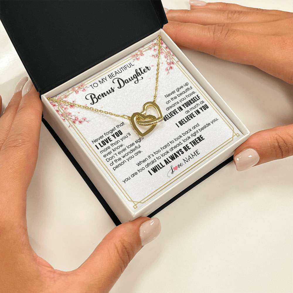 Interlocking Hearts Necklace 18K Yellow Gold Finish | 2 | Personalized To My Beautiful Bonus Daughter Necklace From Stepmom Dad I Love You Believe In You Birthday Gifts Christmas Customized Gift Box Message Card | siriusteestore