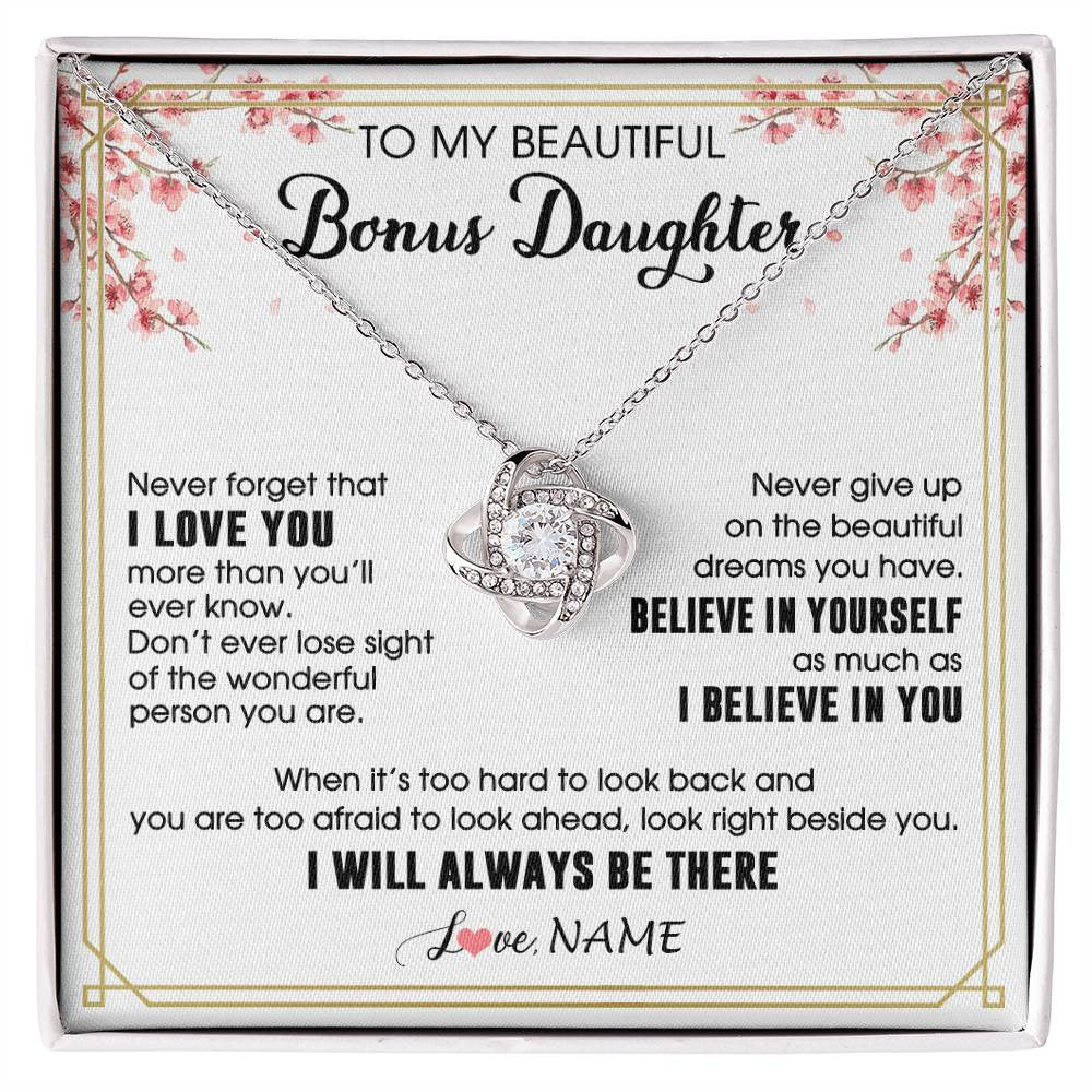 Love Knot Necklace 14K White Gold Finish | 1 | Personalized To My Beautiful Bonus Daughter Necklace From Stepmom Dad I Love You Believe In You Birthday Gifts Christmas Customized Gift Box Message Card | siriusteestore