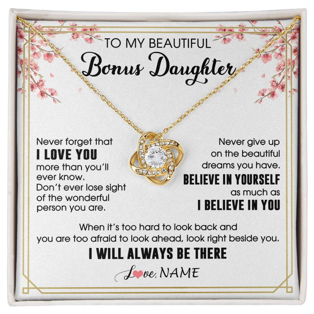 Love Knot Necklace 18K Yellow Gold Finish | 1 | Personalized To My Beautiful Bonus Daughter Necklace From Stepmom Dad I Love You Believe In You Birthday Gifts Christmas Customized Gift Box Message Card | siriusteestore