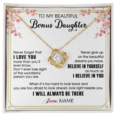 Love Knot Necklace 18K Yellow Gold Finish | 1 | Personalized To My Beautiful Bonus Daughter Necklace From Stepmom Dad I Love You Believe In You Birthday Gifts Christmas Customized Gift Box Message Card | siriusteestore