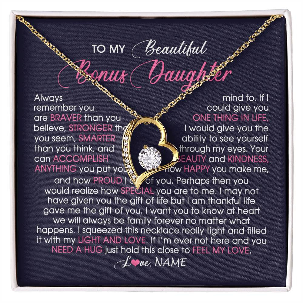 Forever Love Necklace 18K Yellow Gold Finish | Personalized To My Beautiful Bonus Daughter Necklace From Stepmom Feel My Love Stepdaughter Birthday Christmas Graduation Customized Gift Box Message Card | siriusteestore