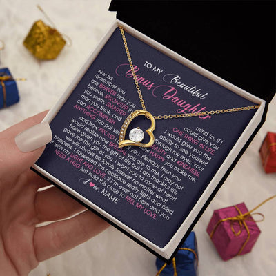 Forever Love Necklace 18K Yellow Gold Finish | Personalized To My Beautiful Bonus Daughter Necklace From Stepmom Feel My Love Stepdaughter Birthday Christmas Graduation Customized Gift Box Message Card | siriusteestore