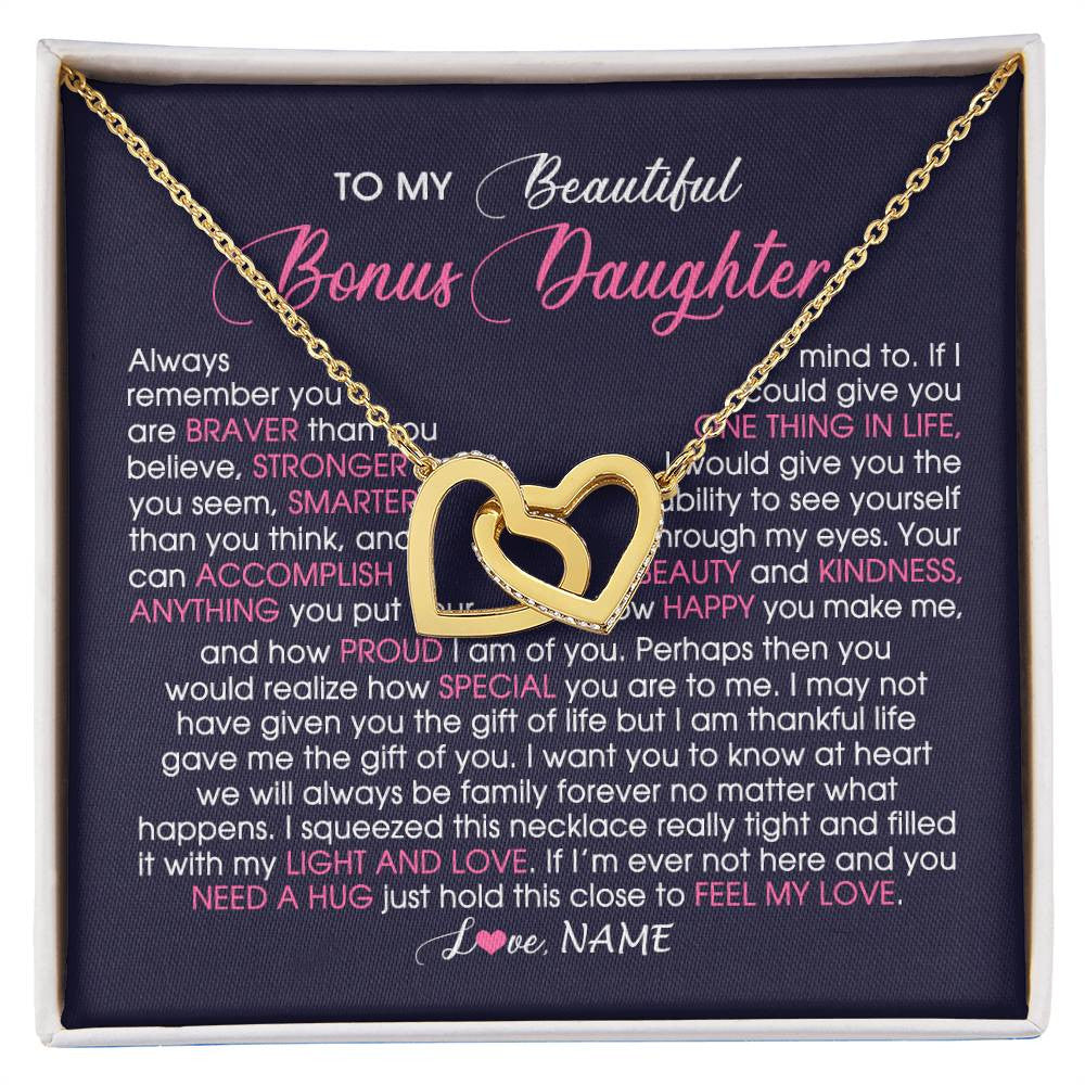 Interlocking Hearts Necklace 18K Yellow Gold Finish | Personalized To My Beautiful Bonus Daughter Necklace From Stepmom Feel My Love Stepdaughter Birthday Christmas Graduation Customized Gift Box Message Card | siriusteestore