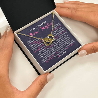 Interlocking Hearts Necklace 18K Yellow Gold Finish | Personalized To My Beautiful Bonus Daughter Necklace From Stepmom Feel My Love Stepdaughter Birthday Christmas Graduation Customized Gift Box Message Card | siriusteestore