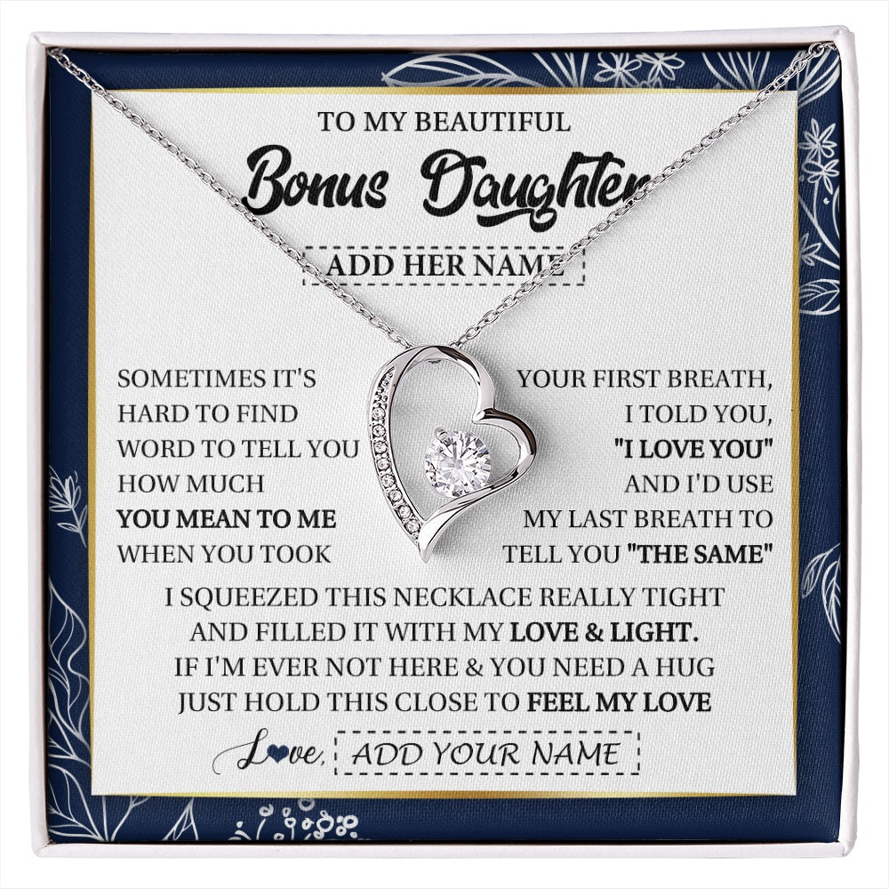 Forever Love Necklace 14K White Gold Finish | 1 | Personalized To My Beautiful Bonus Daughter Necklace From Stepmom Feel My Love Valentines Gifts For Stepdaughter Birthday Christmas Gift Box Message Card | https://siriusteestore.