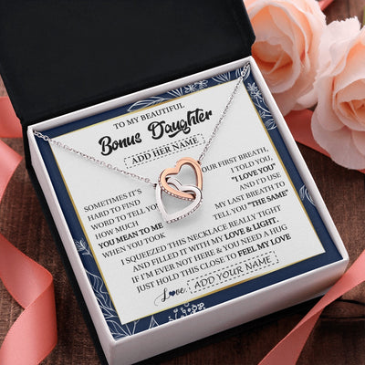 Interlocking Hearts Necklace Stainless Steel & Rose Gold Finish | 2 | Personalized To My Beautiful Bonus Daughter Necklace From Stepmom Feel My Love Valentines Gifts For Stepdaughter Birthday Christmas Gift Box Message Card | https://siriusteestore.