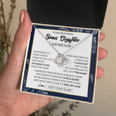 Love Knot Necklace 14K White Gold Finish | 2 | Personalized To My Beautiful Bonus Daughter Necklace From Stepmom Feel My Love Valentines Gifts For Stepdaughter Birthday Christmas Gift Box Message Card | https://siriusteestore.