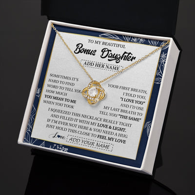 Love Knot Necklace 18K Yellow Gold Finish | 2 | Personalized To My Beautiful Bonus Daughter Necklace From Stepmom Feel My Love Valentines Gifts For Stepdaughter Birthday Christmas Gift Box Message Card | https://siriusteestore.