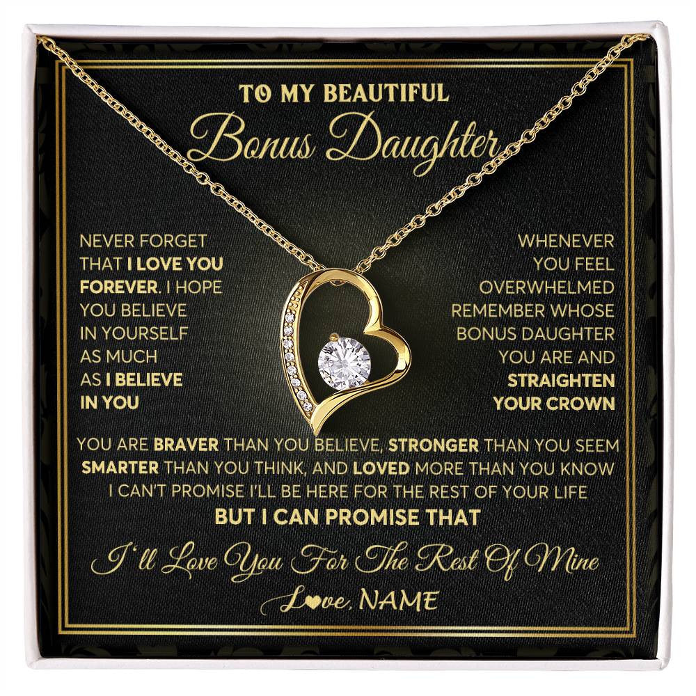Forever Love Necklace 18K Yellow Gold Finish | 1 | Personalized To My Beautiful Bonus Daughter Necklace From Stepmom I Love You Jewelry Gifts For Stepdaughter Birthday Graduation Christmas Gift Box Message Card | siriusteestore