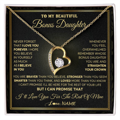 Forever Love Necklace 18K Yellow Gold Finish | 1 | Personalized To My Beautiful Bonus Daughter Necklace From Stepmom I Love You Jewelry Gifts For Stepdaughter Birthday Graduation Christmas Gift Box Message Card | siriusteestore