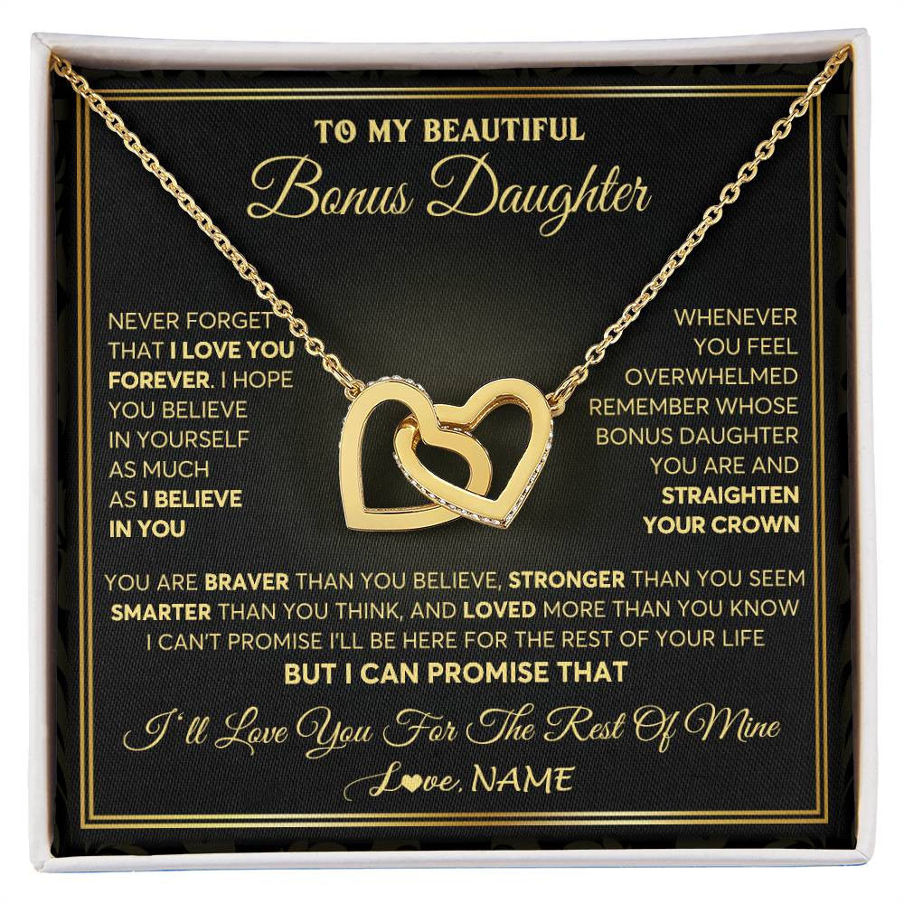 Interlocking Hearts Necklace 18K Yellow Gold Finish | 1 | Personalized To My Beautiful Bonus Daughter Necklace From Stepmom I Love You Jewelry Gifts For Stepdaughter Birthday Graduation Christmas Gift Box Message Card | siriusteestore