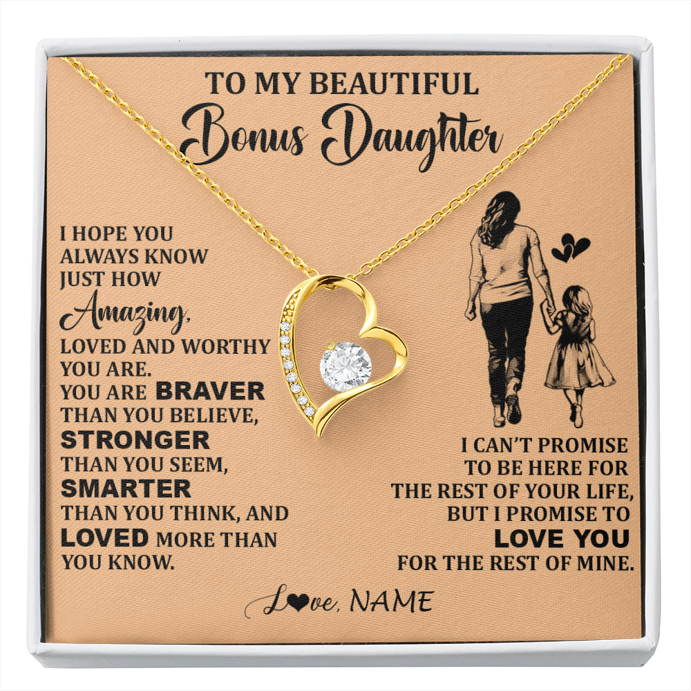 Forever Love Necklace 18K Yellow Gold Finish | 1 | Personalized To My Beautiful Bonus Daughter Necklace From Stepmom Promise To Love You Stepddaughter Birthday Jewelry Christmas Customized Gift Box Message Card | siriusteestore