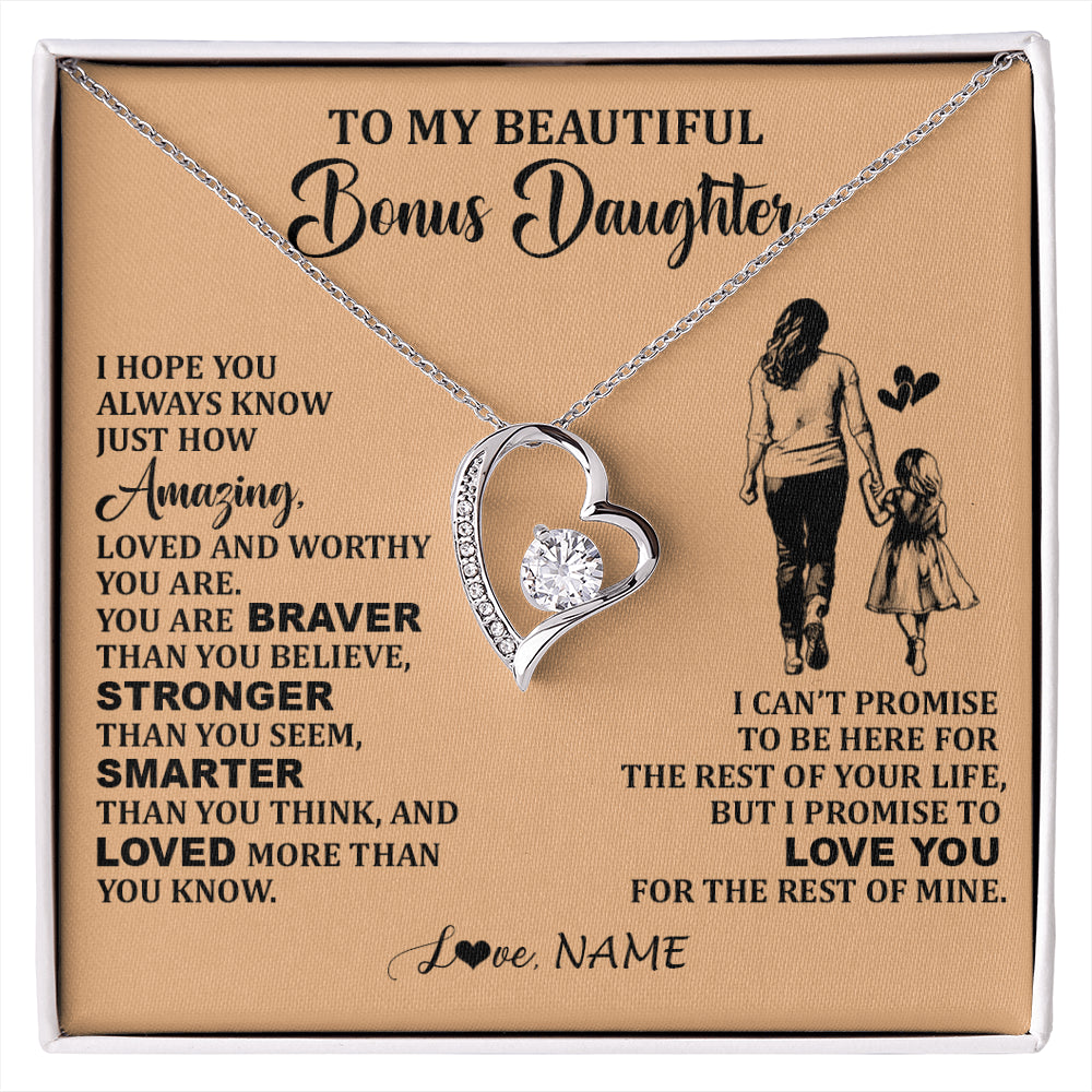 Forever Love Necklace 14K White Gold Finish | 1 | Personalized To My Beautiful Bonus Daughter Necklace From Stepmom Promise To Love You Stepddaughter Birthday Jewelry Christmas Customized Gift Box Message Card | siriusteestore
