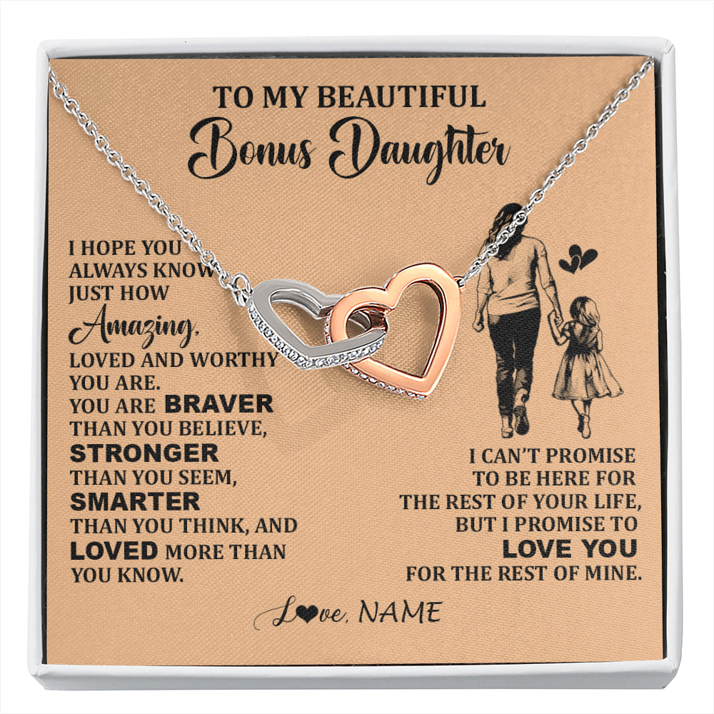 Interlocking Hearts Necklace Stainless Steel & Rose Gold Finish | 1 | Personalized To My Beautiful Bonus Daughter Necklace From Stepmom Promise To Love You Stepddaughter Birthday Jewelry Christmas Customized Gift Box Message Card | siriusteestore
