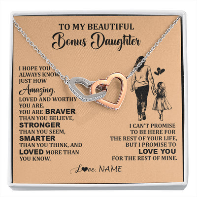 Interlocking Hearts Necklace Stainless Steel & Rose Gold Finish | 1 | Personalized To My Beautiful Bonus Daughter Necklace From Stepmom Promise To Love You Stepddaughter Birthday Jewelry Christmas Customized Gift Box Message Card | siriusteestore