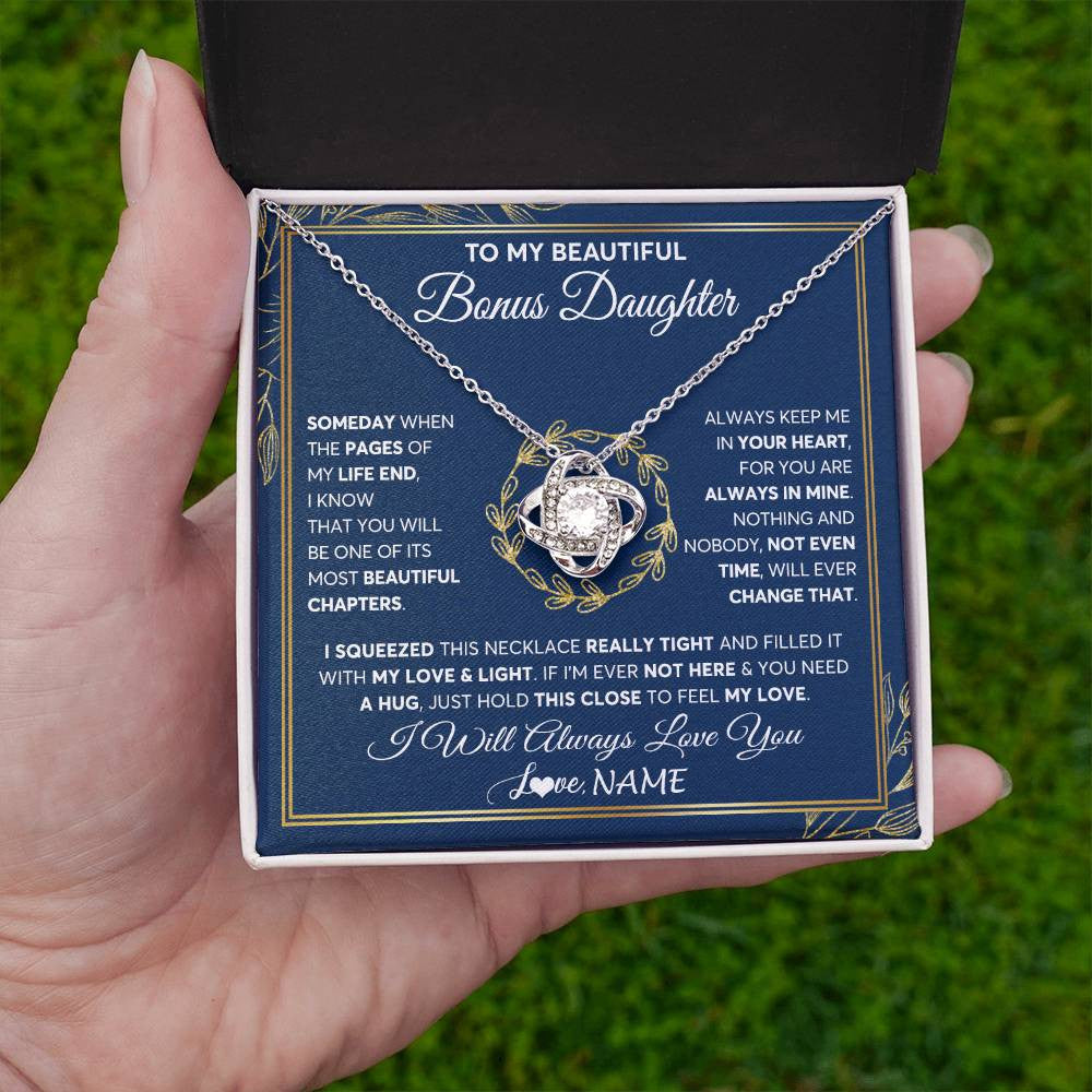 Love Knot Necklace 14K White Gold Finish | Personalized To My Beautiful Bonus Daughter Necklace From Stepmom Someday Stepdaughter Birthday Christmas Jewelry Charm Customized Gift Box Message Card | siriusteestore