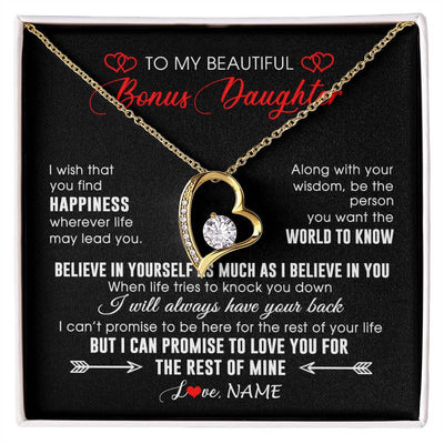 Forever Love Necklace 18K Yellow Gold Finish | Personalized To My Beautiful Bonus Daughter Necklace From Stepmom Stepdad Happiness Wherever Life Birthday Graduation Christmas Customized Gift Box Message Card | siriusteestore