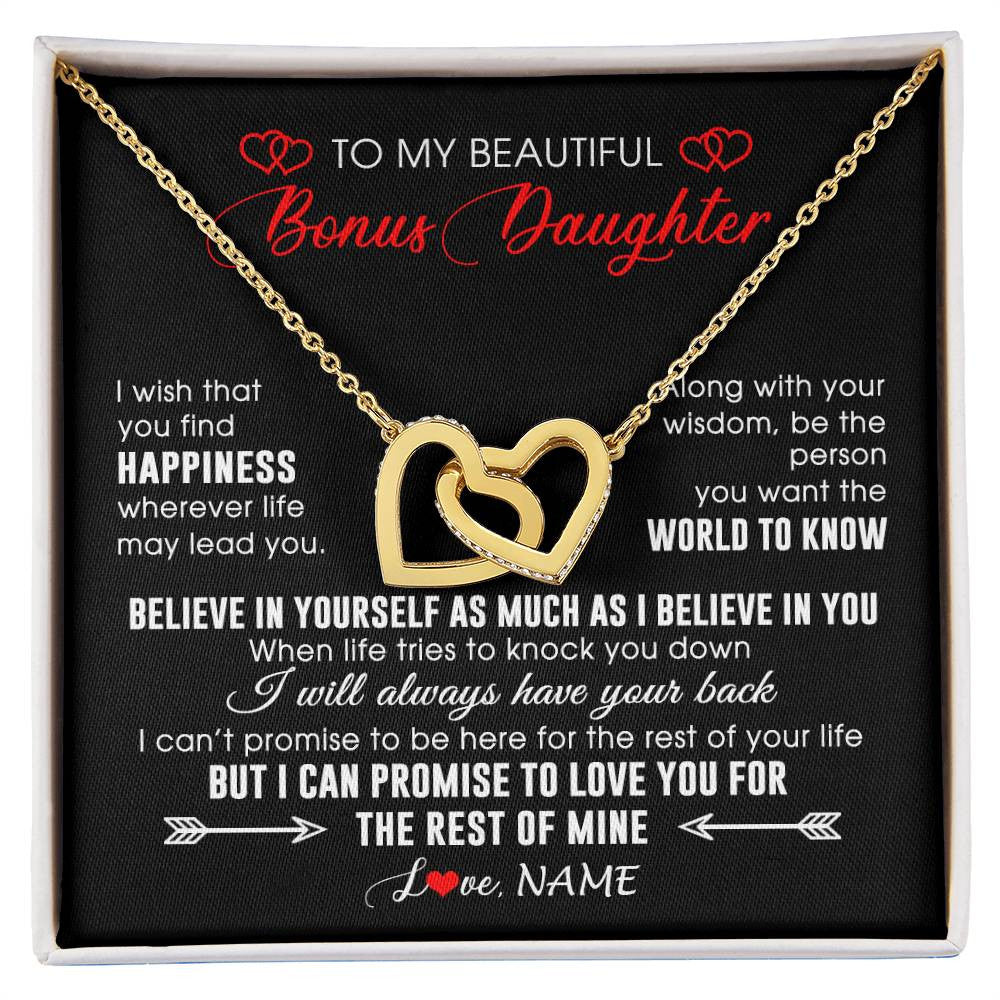 Interlocking Hearts Necklace 18K Yellow Gold Finish | Personalized To My Beautiful Bonus Daughter Necklace From Stepmom Stepdad Happiness Wherever Life Birthday Graduation Christmas Customized Gift Box Message Card | siriusteestore
