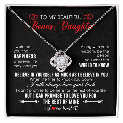 Love Knot Necklace 14K White Gold Finish | Personalized To My Beautiful Bonus Daughter Necklace From Stepmom Stepdad Happiness Wherever Life Birthday Graduation Christmas Customized Gift Box Message Card | siriusteestore