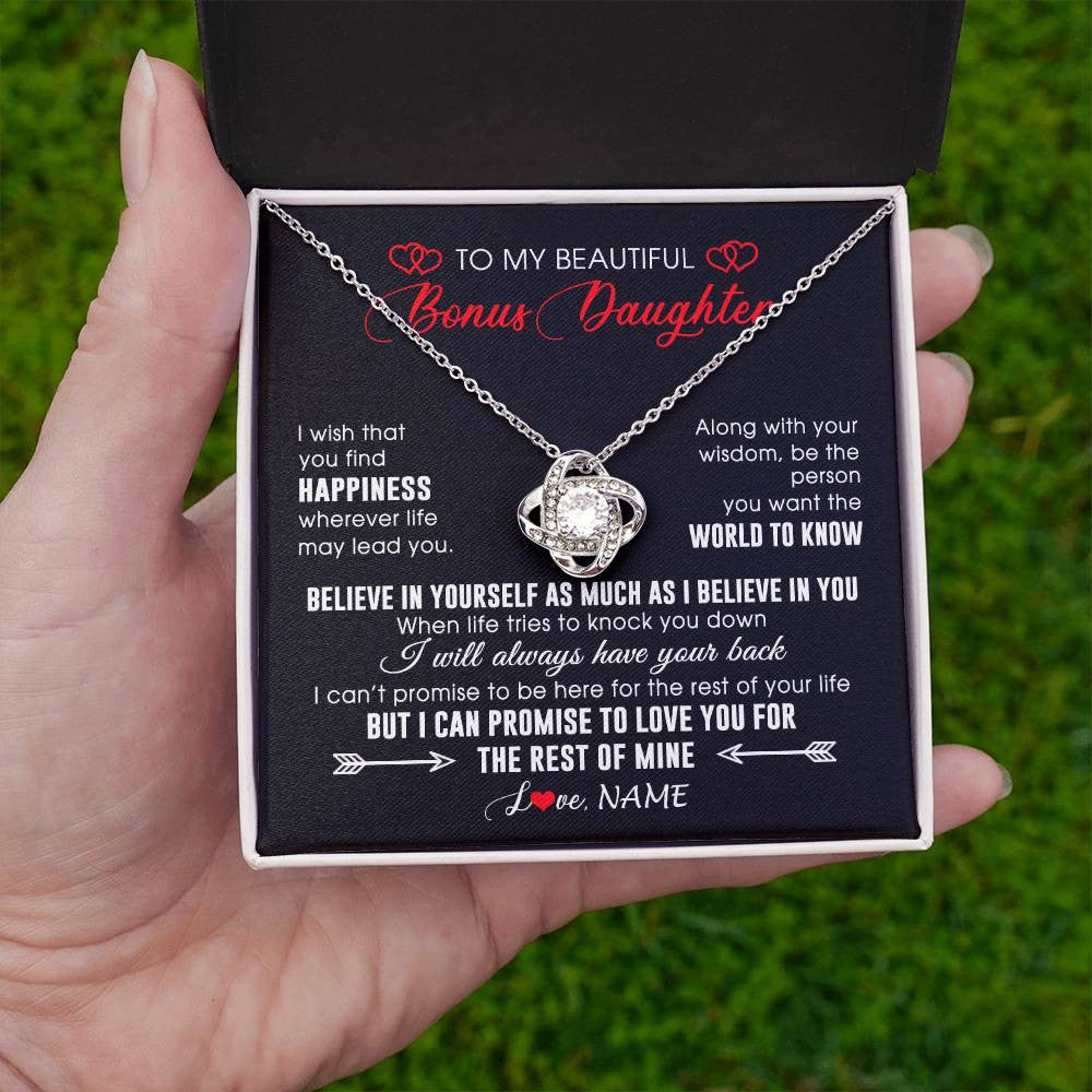 Love Knot Necklace 14K White Gold Finish | Personalized To My Beautiful Bonus Daughter Necklace From Stepmom Stepdad Happiness Wherever Life Birthday Graduation Christmas Customized Gift Box Message Card | siriusteestore
