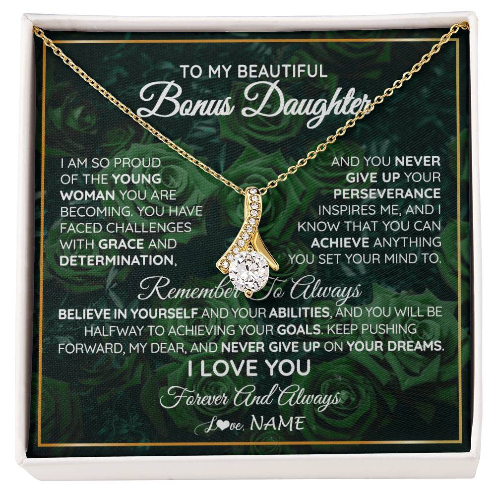 Alluring Beauty Necklace 18K Yellow Gold Finish | Personalized To My Beautiful Bonus Daughter Necklace From Stepmom Stepdad Never Give Up Birthday Graduation Motivational Quote Customized Gift Box Message Card | siriusteestore