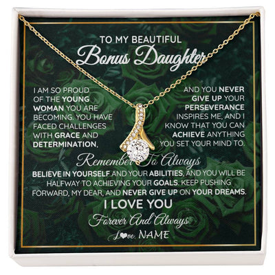 Alluring Beauty Necklace 18K Yellow Gold Finish | Personalized To My Beautiful Bonus Daughter Necklace From Stepmom Stepdad Never Give Up Birthday Graduation Motivational Quote Customized Gift Box Message Card | siriusteestore
