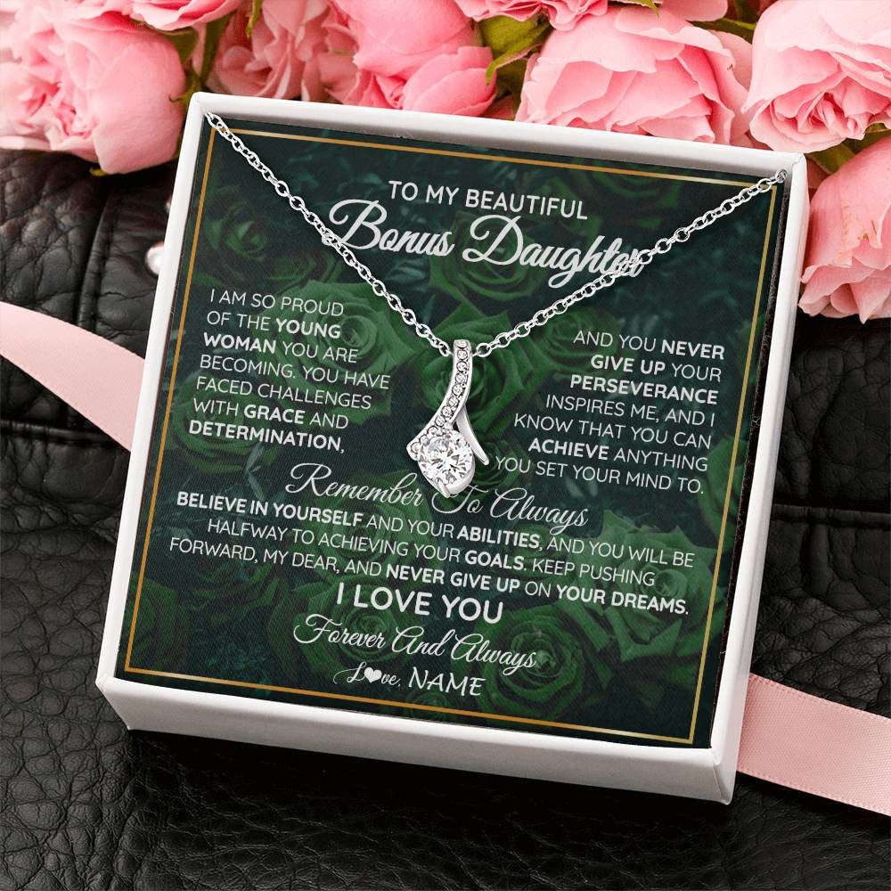 Alluring Beauty Necklace 14K White Gold Finish | Personalized To My Beautiful Bonus Daughter Necklace From Stepmom Stepdad Never Give Up Birthday Graduation Motivational Quote Customized Gift Box Message Card | siriusteestore