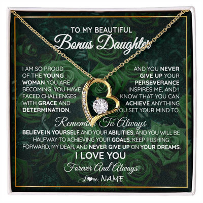 Forever Love Necklace 18K Yellow Gold Finish | Personalized To My Beautiful Bonus Daughter Necklace From Stepmom Stepdad Never Give Up Birthday Graduation Motivational Quote Customized Gift Box Message Card | siriusteestore