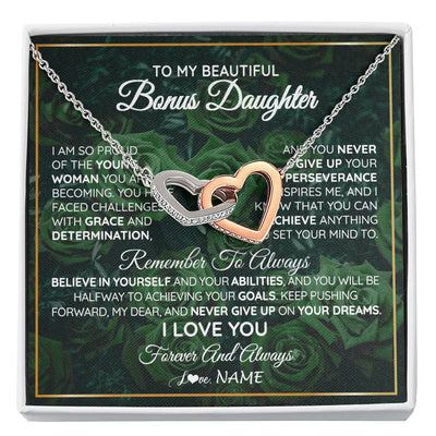 Interlocking Hearts Necklace Stainless Steel & Rose Gold Finish | Personalized To My Beautiful Bonus Daughter Necklace From Stepmom Stepdad Never Give Up Birthday Graduation Motivational Quote Customized Gift Box Message Card | siriusteestore