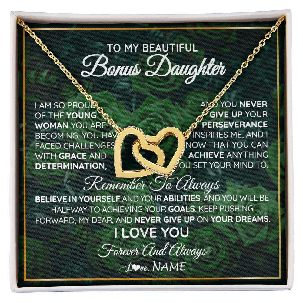 Interlocking Hearts Necklace 18K Yellow Gold Finish | Personalized To My Beautiful Bonus Daughter Necklace From Stepmom Stepdad Never Give Up Birthday Graduation Motivational Quote Customized Gift Box Message Card | siriusteestore