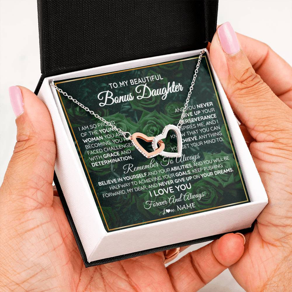 Interlocking Hearts Necklace Stainless Steel & Rose Gold Finish | Personalized To My Beautiful Bonus Daughter Necklace From Stepmom Stepdad Never Give Up Birthday Graduation Motivational Quote Customized Gift Box Message Card | siriusteestore