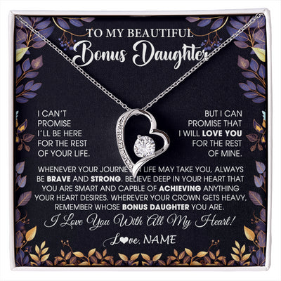 Forever Love Necklace 14K White Gold Finish | 1 | Personalized To My Beautiful Bonus Daughter Necklace From Stepmom Stepdad Promise Necklace Birthday Gift For Stepddaughter Graduation Christmas Message Card | siriusteestore