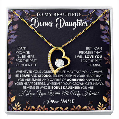 Forever Love Necklace 18K Yellow Gold Finish | 1 | Personalized To My Beautiful Bonus Daughter Necklace From Stepmom Stepdad Promise Necklace Birthday Gift For Stepddaughter Graduation Christmas Message Card | siriusteestore