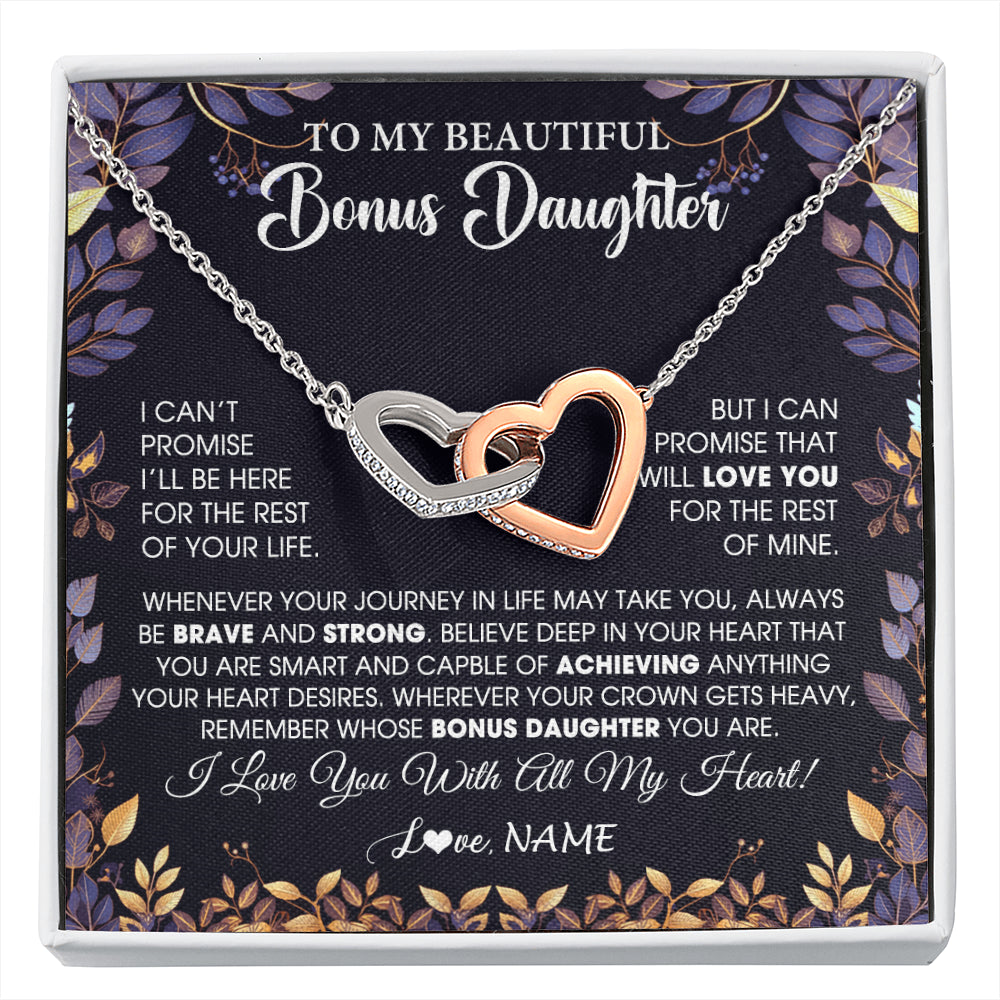 Interlocking Hearts Necklace Stainless Steel & Rose Gold Finish | 1 | Personalized To My Beautiful Bonus Daughter Necklace From Stepmom Stepdad Promise Necklace Birthday Gift For Stepddaughter Graduation Christmas Message Card | siriusteestore