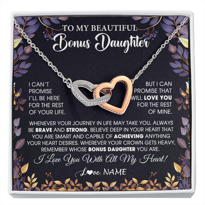 Interlocking Hearts Necklace Stainless Steel & Rose Gold Finish | 1 | Personalized To My Beautiful Bonus Daughter Necklace From Stepmom Stepdad Promise Necklace Birthday Gift For Stepddaughter Graduation Christmas Message Card | siriusteestore
