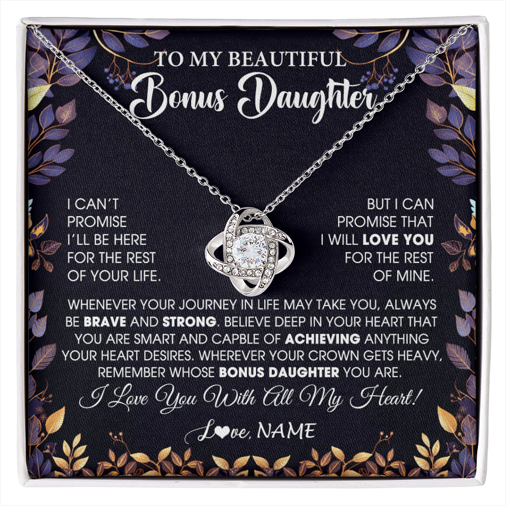 Love Knot Necklace 14K White Gold Finish | 1 | Personalized To My Beautiful Bonus Daughter Necklace From Stepmom Stepdad Promise Necklace Birthday Gift For Stepddaughter Graduation Christmas Message Card | siriusteestore