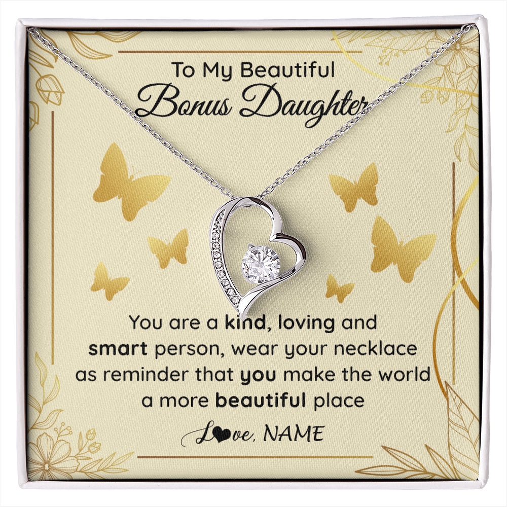 Forever Love Necklace 14K White Gold Finish | 1 | Personalized To My Beautiful Bonus Daughter Necklace From Stepmom You Are A Kind Loving Stepddaughter Birthday Gifts Christmas Customized Gift Box Message Card | siriusteestore