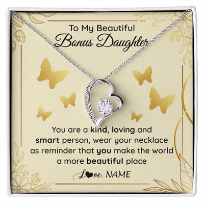 Forever Love Necklace 14K White Gold Finish | 1 | Personalized To My Beautiful Bonus Daughter Necklace From Stepmom You Are A Kind Loving Stepddaughter Birthday Gifts Christmas Customized Gift Box Message Card | siriusteestore