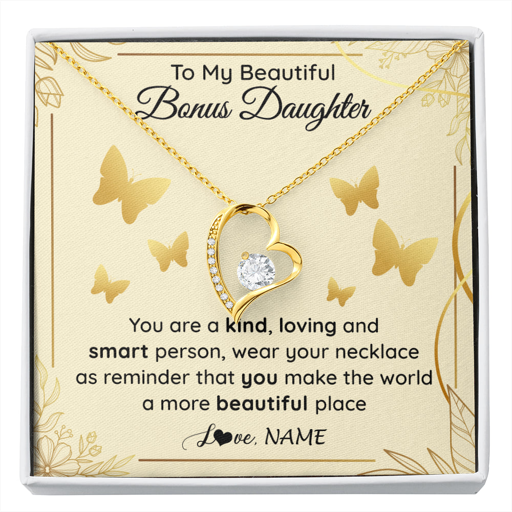 Forever Love Necklace 18K Yellow Gold Finish | 1 | Personalized To My Beautiful Bonus Daughter Necklace From Stepmom You Are A Kind Loving Stepddaughter Birthday Gifts Christmas Customized Gift Box Message Card | siriusteestore