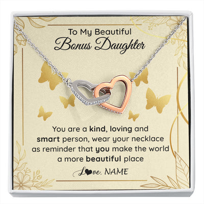 Interlocking Hearts Necklace Stainless Steel & Rose Gold Finish | 1 | Personalized To My Beautiful Bonus Daughter Necklace From Stepmom You Are A Kind Loving Stepddaughter Birthday Gifts Christmas Customized Gift Box Message Card | siriusteestore