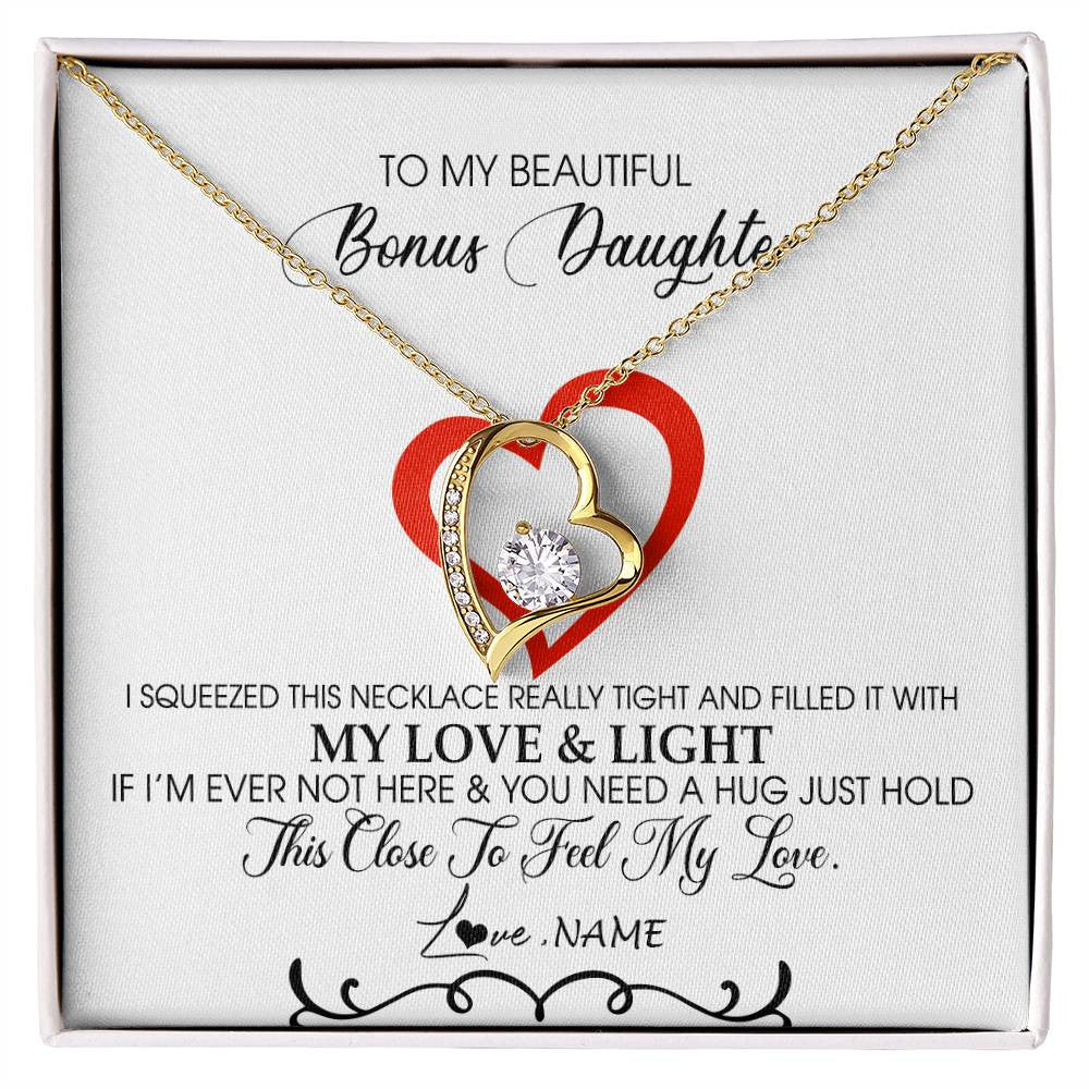 Forever Love Necklace 18K Yellow Gold Finish | Personalized To My Beautiful Bonus Daughter Necklace From Stepmother Filled With My Love and Light Stepdaughter Birthday Christmas Customized Message Card | siriusteestore