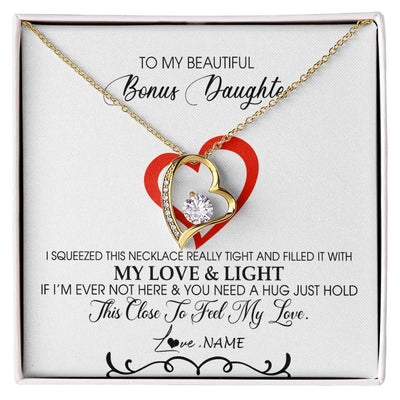 Forever Love Necklace 18K Yellow Gold Finish | Personalized To My Beautiful Bonus Daughter Necklace From Stepmother Filled With My Love and Light Stepdaughter Birthday Christmas Customized Message Card | siriusteestore