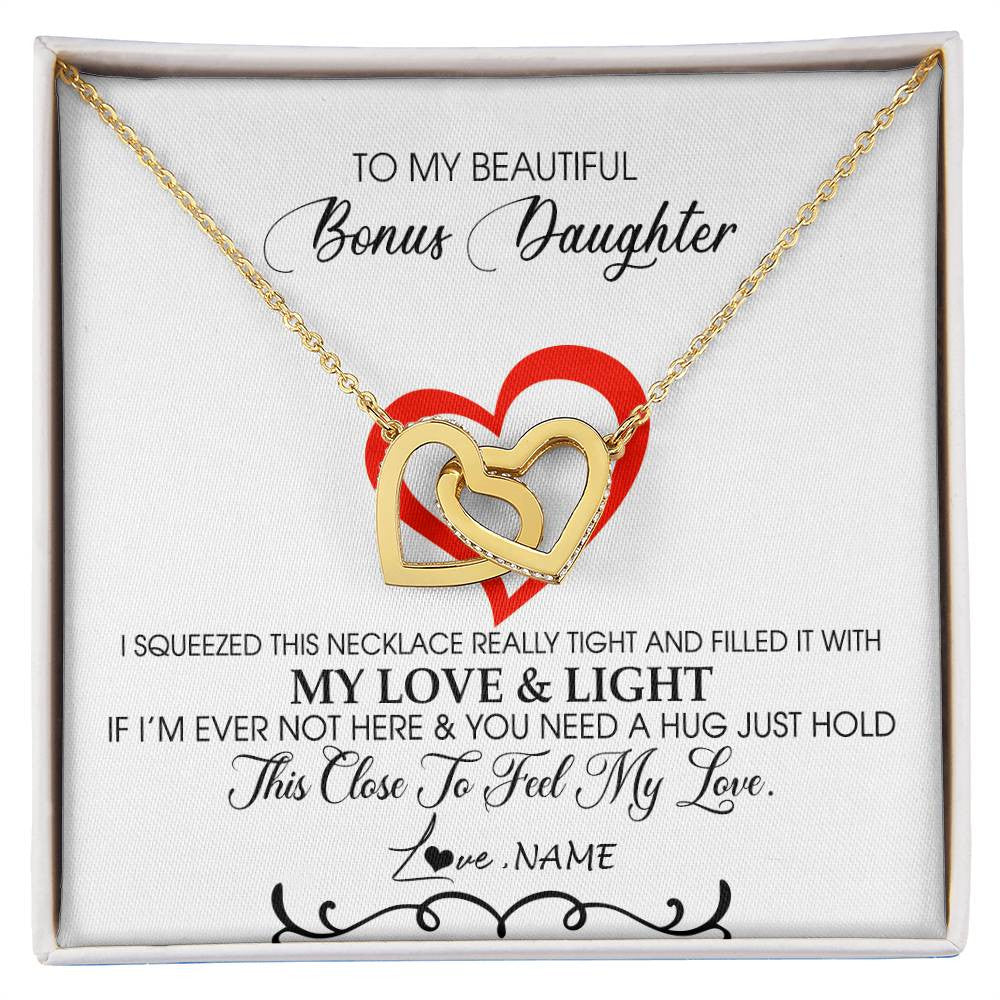 Interlocking Hearts Necklace 18K Yellow Gold Finish | Personalized To My Beautiful Bonus Daughter Necklace From Stepmother Filled With My Love and Light Stepdaughter Birthday Christmas Customized Message Card | siriusteestore