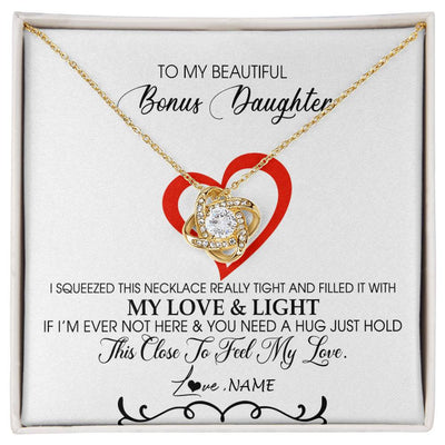 Love Knot Necklace 18K Yellow Gold Finish | Personalized To My Beautiful Bonus Daughter Necklace From Stepmother Filled With My Love and Light Stepdaughter Birthday Christmas Customized Message Card | siriusteestore