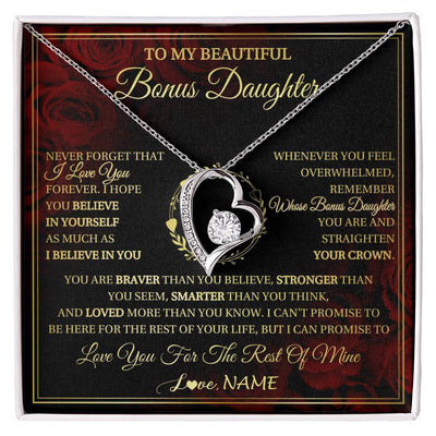 Forever Love Necklace 14K White Gold Finish | 1 | Personalized To My Beautiful Bonus Daughter Necklace Gift From Stepmom Dad I Love You Bonus Daughter Birthday Gifts Christmas Customized Gift Box Message Card | siriusteestore