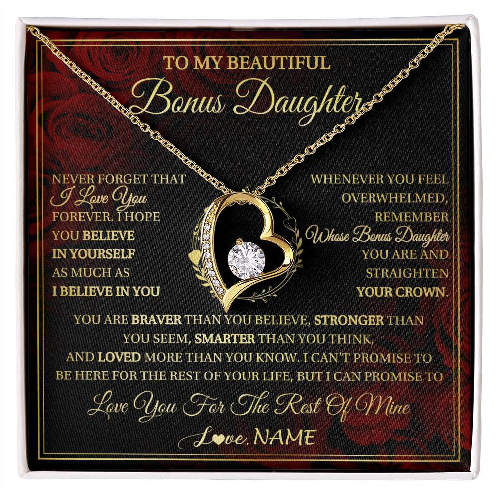 Forever Love Necklace 18K Yellow Gold Finish | 1 | Personalized To My Beautiful Bonus Daughter Necklace Gift From Stepmom Dad I Love You Bonus Daughter Birthday Gifts Christmas Customized Gift Box Message Card | siriusteestore