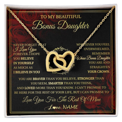 Interlocking Hearts Necklace 18K Yellow Gold Finish | 1 | Personalized To My Beautiful Bonus Daughter Necklace Gift From Stepmom Dad I Love You Bonus Daughter Birthday Gifts Christmas Customized Gift Box Message Card | siriusteestore